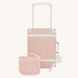 Olli Ella See-Ya Wash Bag with a Pink Daisies print next to matching suitcase pictured on a plain background