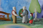An Ostheimer grandmother, grandfather and little red riding hood figure placed in a small world play scene. There is a green coloured decorative cloth covering the surface beneath them and an apple tree and large birch tree in the background.  These wooden figures are part of a wide range of expertly hand crafted wooden toys here at Babipur.