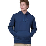 A man wearing the Patagonia Adult Fitz Roy Icon Uprisal Hoody Lagom Blue