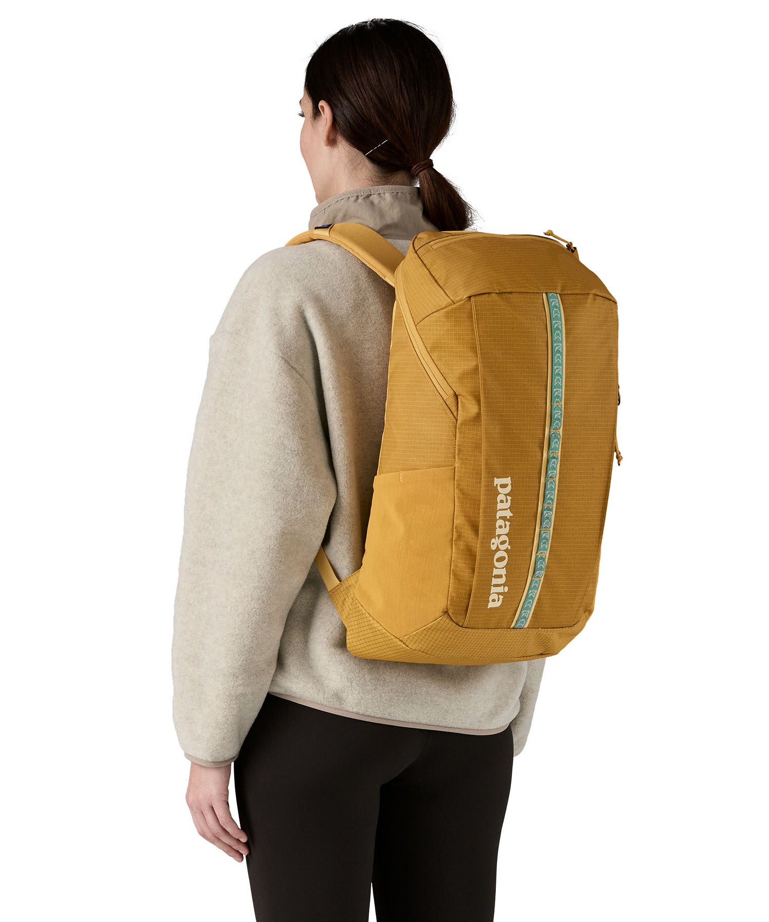 Patagonia 25L black hole backpack in a beeswax tan colour worn by an adult