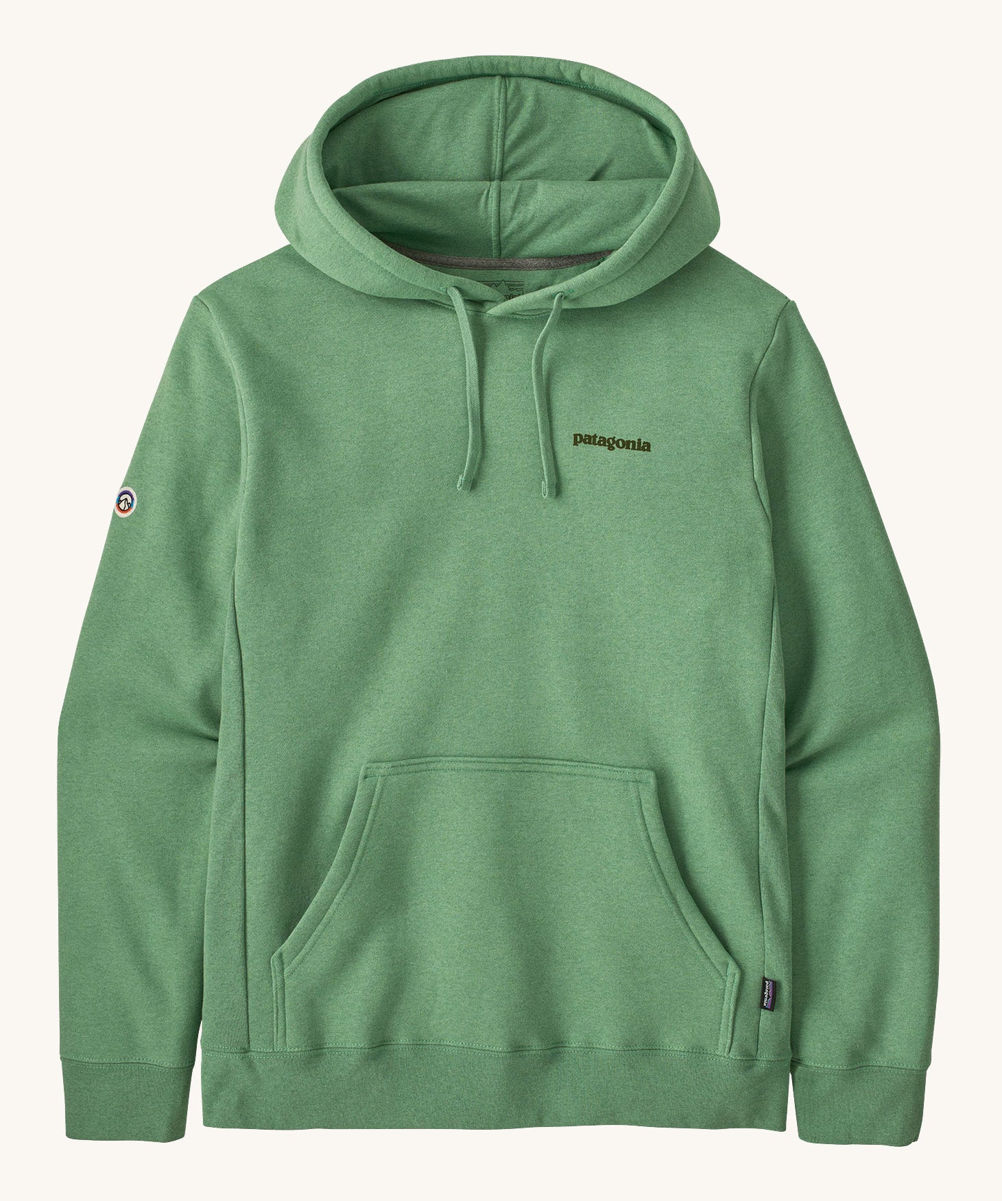 Patagonia Fit Roy uprisal hoodie in ellwood green. A thick jersey style hoodie with brand name printed on the chest . Features a kangaroo pouch style pocket and drawstring for hood size adjustment.