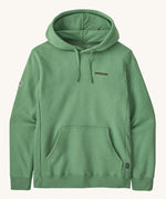 Patagonia Fit Roy uprisal hoodie in ellwood green. A thick jersey style hoodie with brand name printed on the chest . Features a kangaroo pouch style pocket and drawstring for hood size adjustment.