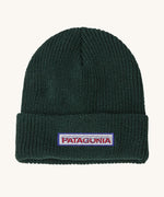 Patagonia Kids Logo Beanie in a Conifer Green colour on a plain background.