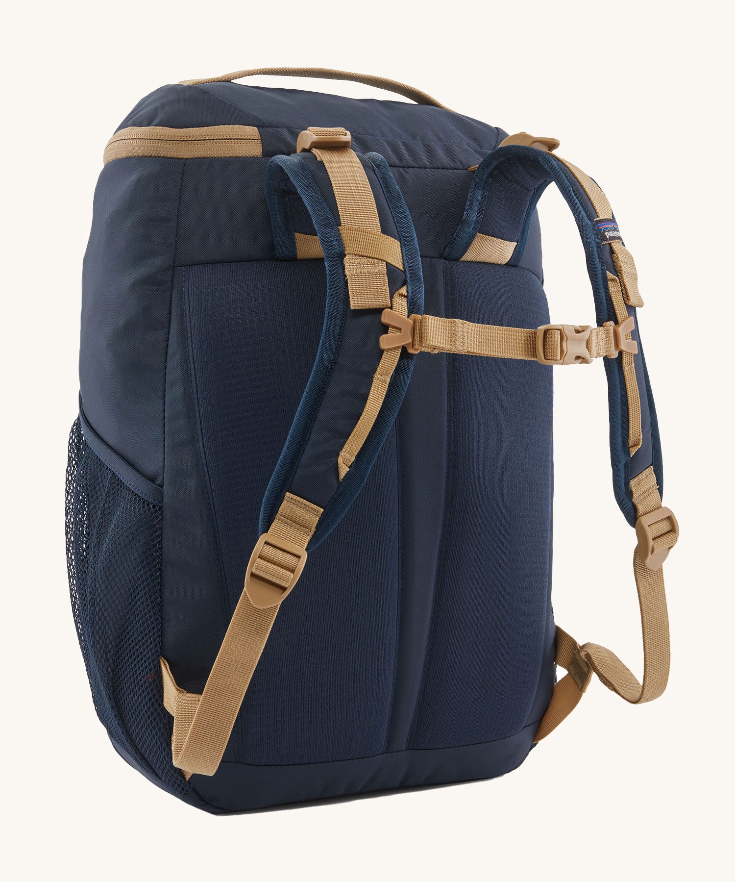 The back of the Patagonia Kids Refugito Day Pack Backpack 18L in a New Navy colour on a plain background.