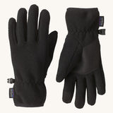 Patagonia kids synchilla gloves. A pair of solid black light fleece fabric gloves, features a grip panel on the palm, thumb and index finger.   Logo patch stitched on the wrist cuff.
