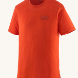 The Patagonia Men's Capilene Cool Merino Graphic Shirt in a Fitz Roy Strata / Pollinator Orange colour on a plain background.