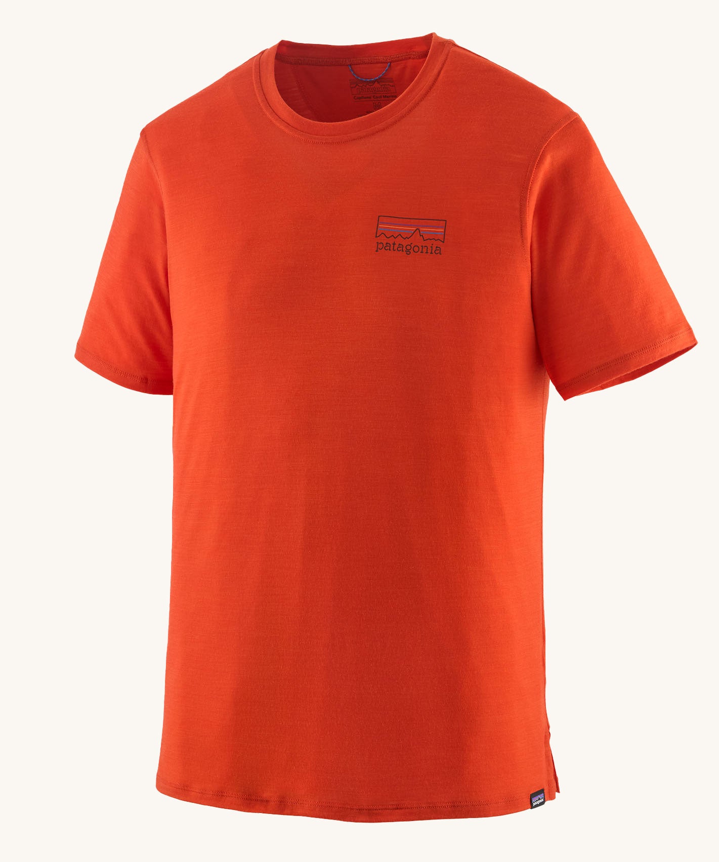 The Patagonia Men's Capilene Cool Merino Graphic Shirt in a Fitz Roy Strata / Pollinator Orange colour on a plain background.