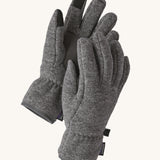 Close up of the Patagonia kids synchilla gloves clipped together for easy carrying showing the grip panel on the palm, thumb and index finger.  Logo patch stitched on the wrist cuff.