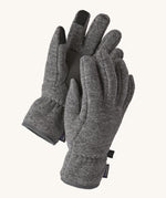 Close up of the Patagonia kids synchilla gloves clipped together for easy carrying showing the grip panel on the palm, thumb and index finger.  Logo patch stitched on the wrist cuff.