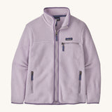 Patagonia women's retro pile fleece in a light purple colour on a cream background.