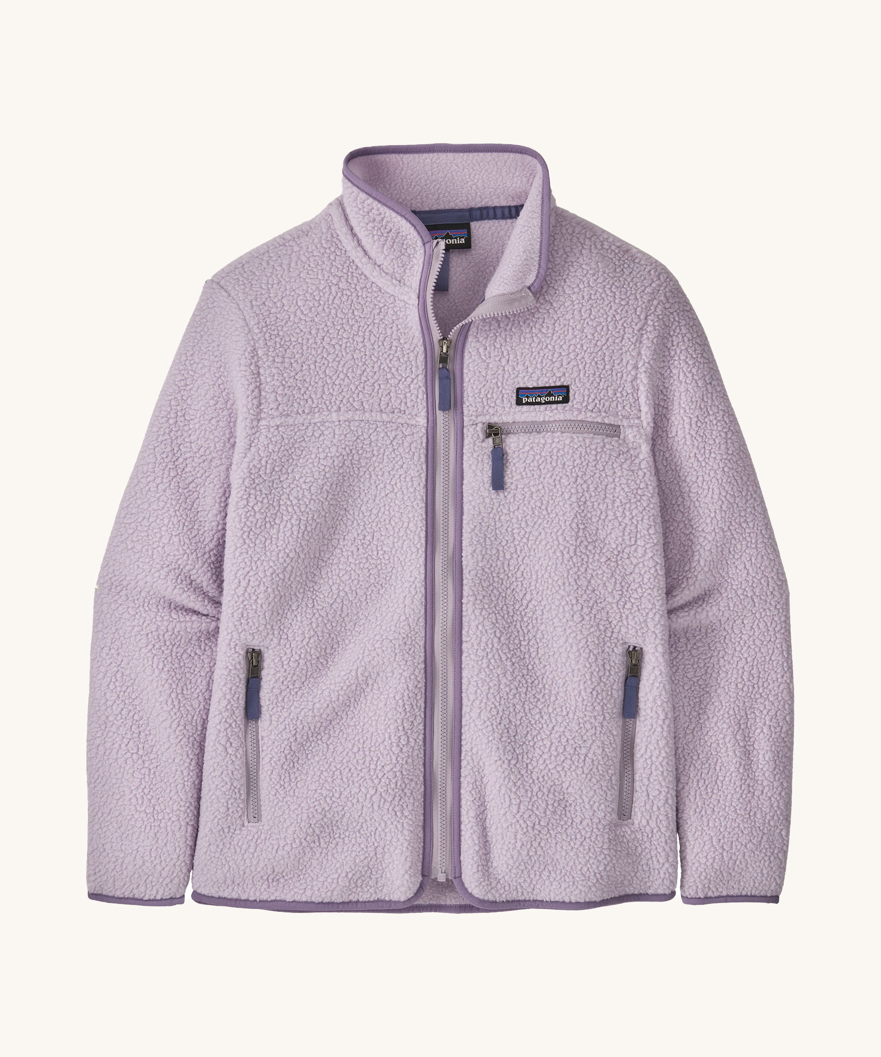 Patagonia women's retro pile fleece in a light purple colour on a cream background.