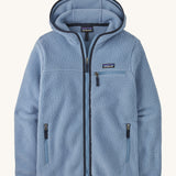 Patagonia Retro Pile Hoody. A women's fleece style jacket in a light blue colour with dark blue trim. Features a full length zip, 2 side pockets, a chest pocket and a logo patch stitched on the left chest.