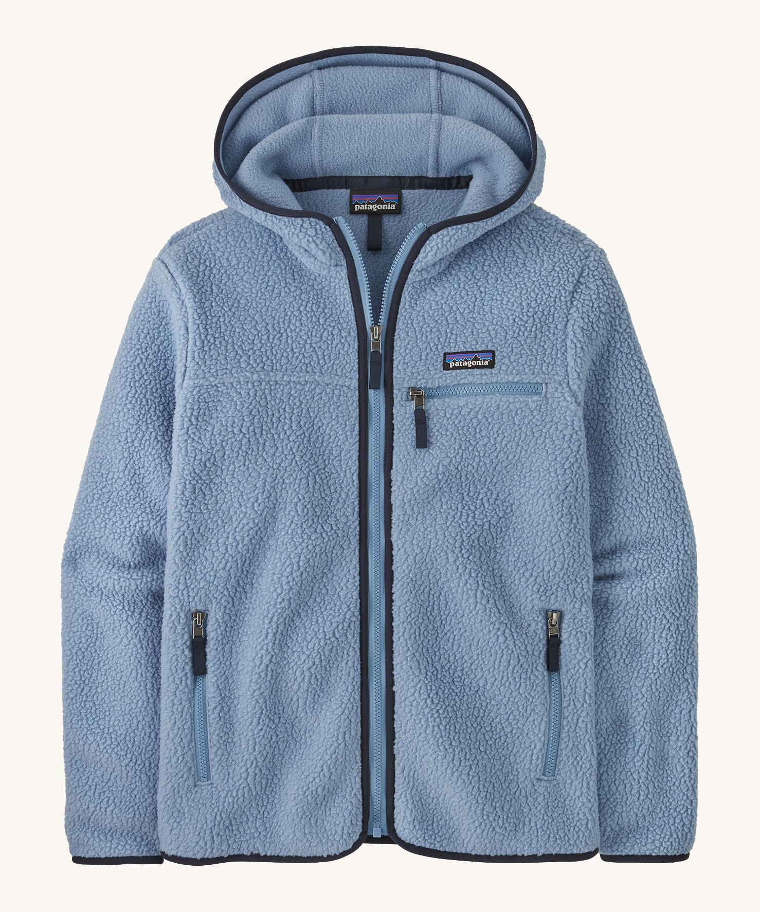 Patagonia Retro Pile Hoody. A women's fleece style jacket in a light blue colour with dark blue trim. Features a full length zip, 2 side pockets, a chest pocket and a logo patch stitched on the left chest.