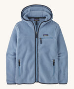 Patagonia Retro Pile Hoody. A women's fleece style jacket in a light blue colour with dark blue trim. Features a full length zip, 2 side pockets, a chest pocket and a logo patch stitched on the left chest.