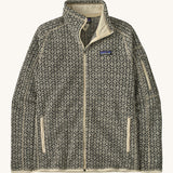 Patagonia women's better sweater jacket. A light fleece style jacket in natural colour with patterns. Features a full length zip with 2 side pockets and the logo patch stitched on the left chest.