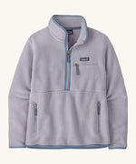 Patagonia women's retro pile marsupial fleece in light purple, long sleeves and a turn up collar. Features a half zip with side and chest pockets with the logo patch  on the front