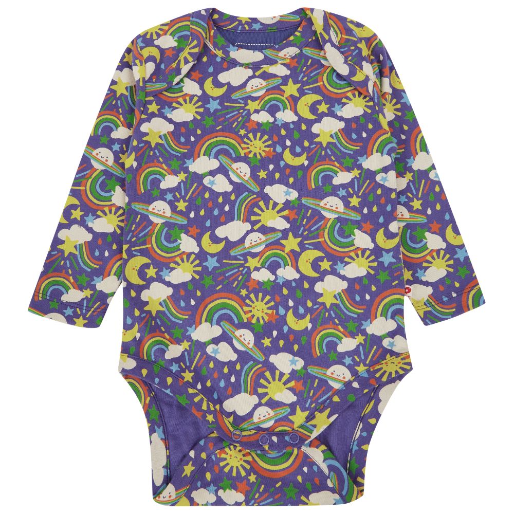 a rainbow stripe and a colourful cosmic weather print baby bodysuit from piccalilly