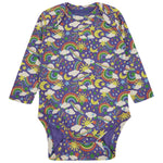 a rainbow stripe and a colourful cosmic weather print baby bodysuit from piccalilly