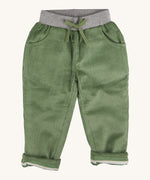Pigeon Organics linen cord trousers - GOTS green coloured organic cotton trousers in a corduroy style. Features a soft elastic waistband in grey and green drawstring detail at the front.