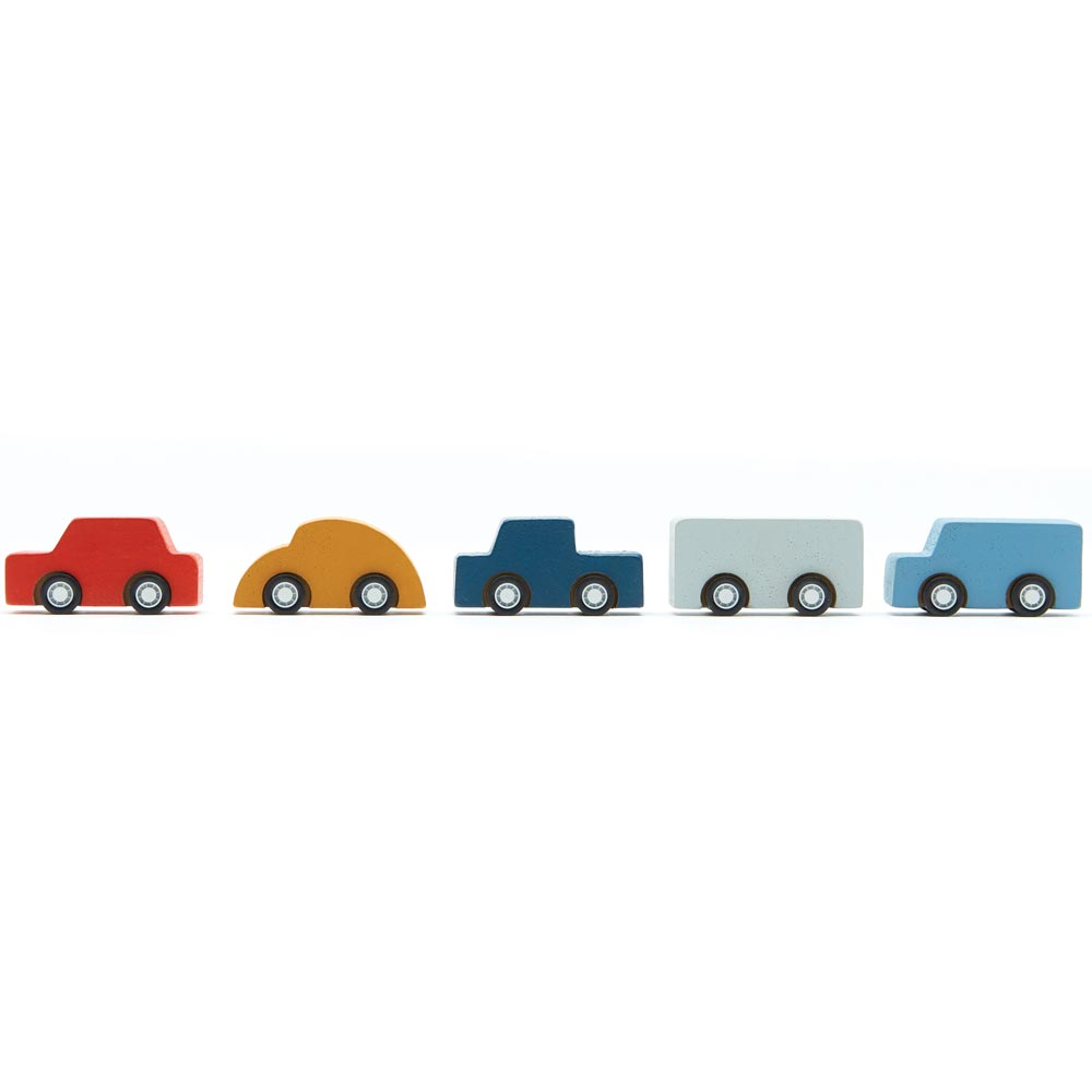 The 5 cars from the Plan Toys Mini Cars Set lined up on a plain background.