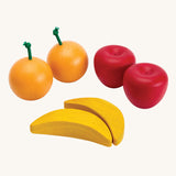 The Plan Toys Produce Set - wooden play food fruit including two Apples, Oranges & Bananas.