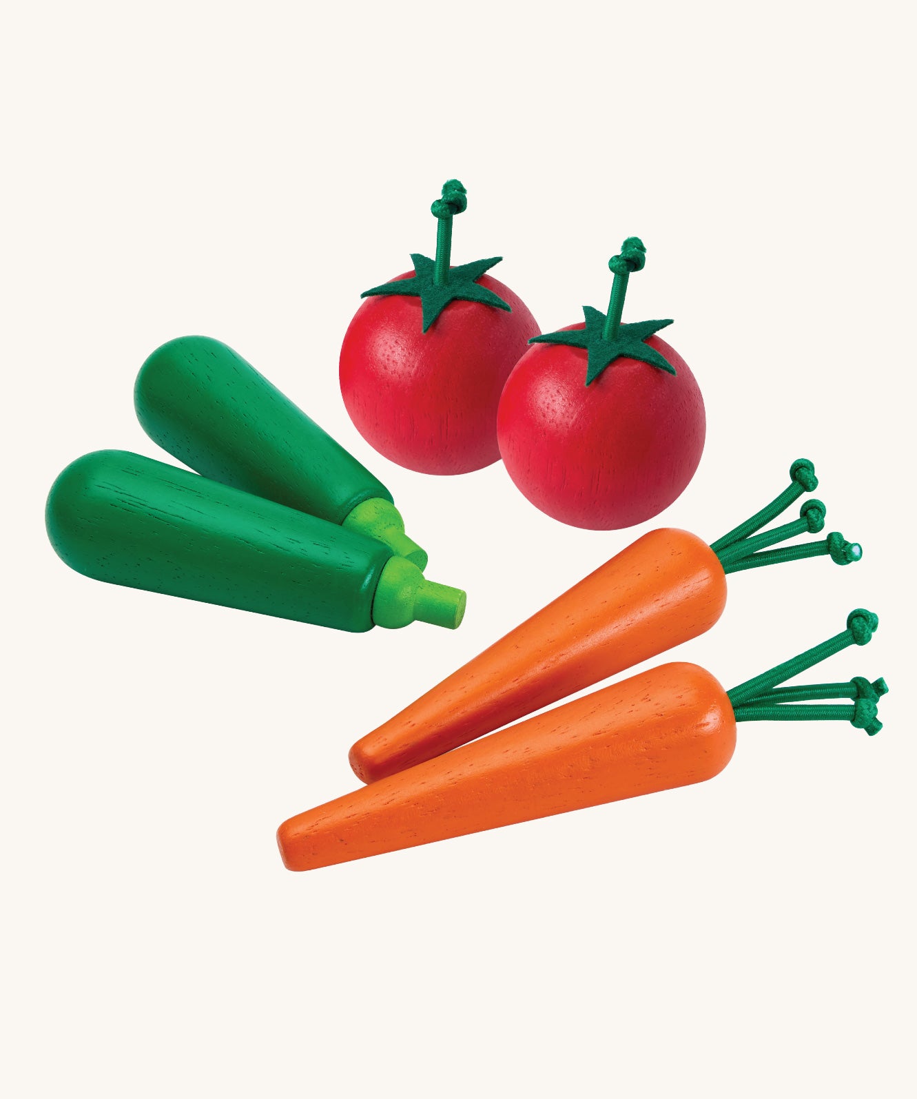 Plan Toys Produce Vegetable Set containing wooden Carrots, Courgettes & Tomatoes play food.