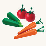 Plan Toys Produce Vegetable Set containing wooden Carrots, Courgettes & Tomatoes play food.