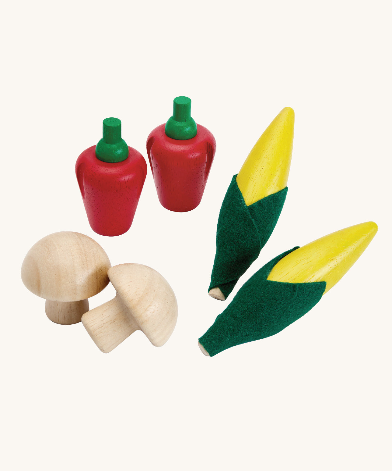 Plan ToysProduce Set containing wooden Corn, Mushrooms & Red Peppers play food.