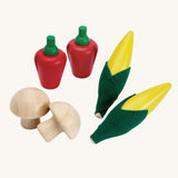 Plan ToysProduce Set containing wooden Corn, Mushrooms & Red Peppers play food.
