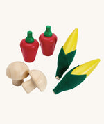 Plan ToysProduce Set containing wooden Corn, Mushrooms & Red Peppers play food.