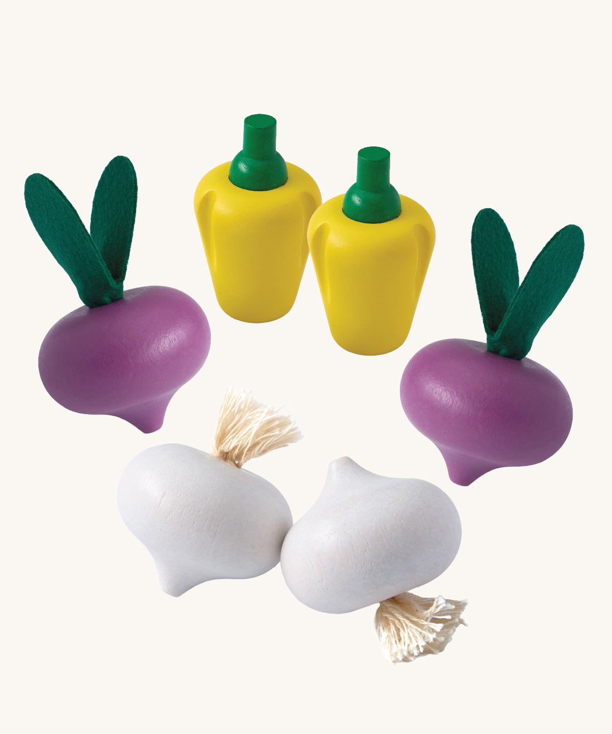 Plan Toys wooden play food Vegetable Produce Set containing Radish, Garlic & Yellow Peppers.
