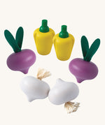 Plan Toys wooden play food Vegetable Produce Set containing Radish, Garlic & Yellow Peppers.