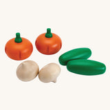 PlanToys wooden play food Produce Set containing Cucumbers, Onions & Pumpkins.