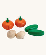 PlanToys wooden play food Produce Set containing Cucumbers, Onions & Pumpkins.
