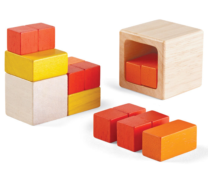 PlanToys Fractions Cubes on a plain background. The cubes are shown out of their packaging.