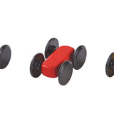 The three cars, one blue, one red and one yellow from the PlanToys ramp racer set on a plain background.