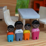 The Plan Toys black skin, black hair wooden doll family placed in an Ostheimer dolls house with wooden PlanToys dolls house furniture.
These wooden toys are part of a large range of wooden toys here at Babipur.