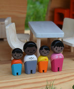 The Plan Toys black skin, black hair wooden doll family placed in an Ostheimer dolls house with wooden PlanToys dolls house furniture.
These wooden toys are part of a large range of wooden toys here at Babipur.