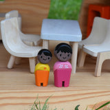 The Plan Toys black skin, black hair wooden doll family placed in an Ostheimer dolls house with wooden PlanToys dolls house furniture.
These wooden toys are part of a large range of wooden toys here at Babipur.