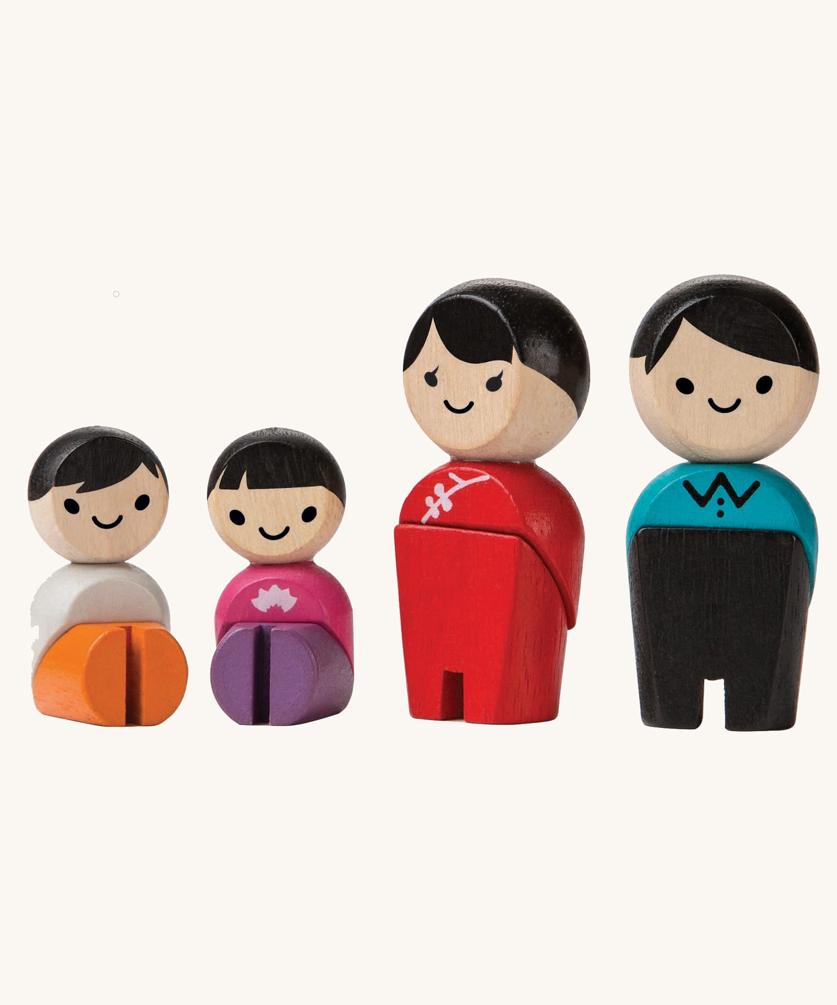 PlanToys PlanWorld White Skin, Black Hair Family toy figures on a plain background.