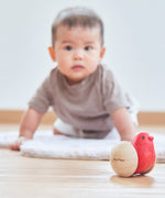 A baby crawling towards the Plan Toys Bird Roller - a rocking baby toy made from rubberwood.