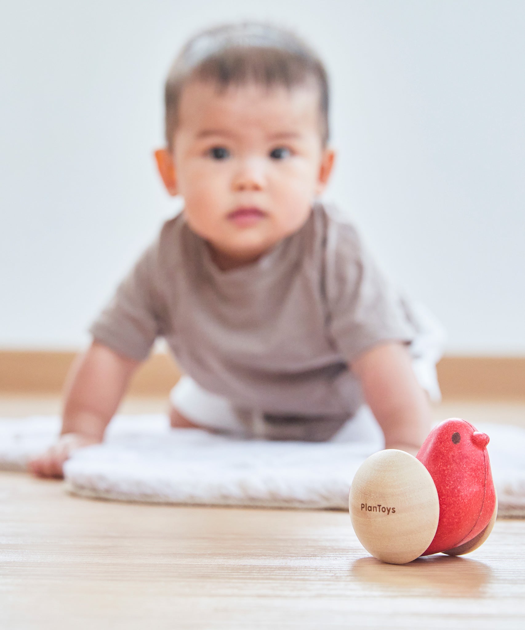 A baby crawling towards the Plan Toys Bird Roller - a rocking baby toy made from rubberwood.