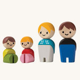 The PlanToys PlanWorld White Skin, Brown and Blonde Hair Family figures on a plain background.