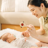 An adult holding up the PlanToys Shaking Rattle in a High Contrast colourway above a baby. The red and black details stand out against the natutral rubberwood body. PlanToys range of toys are made from sustainably sourced rubberwood, we're proud stockists of PlanToys here at Babipur.