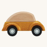 A side view of the PlanToys Yellow Car on a plain background.