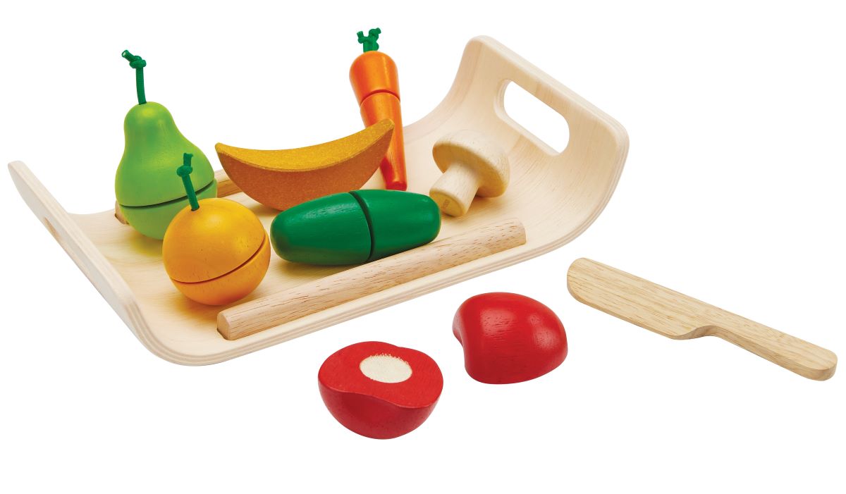 The PlanToys Assorted Fruit & Vegetables Tray play food set including orange