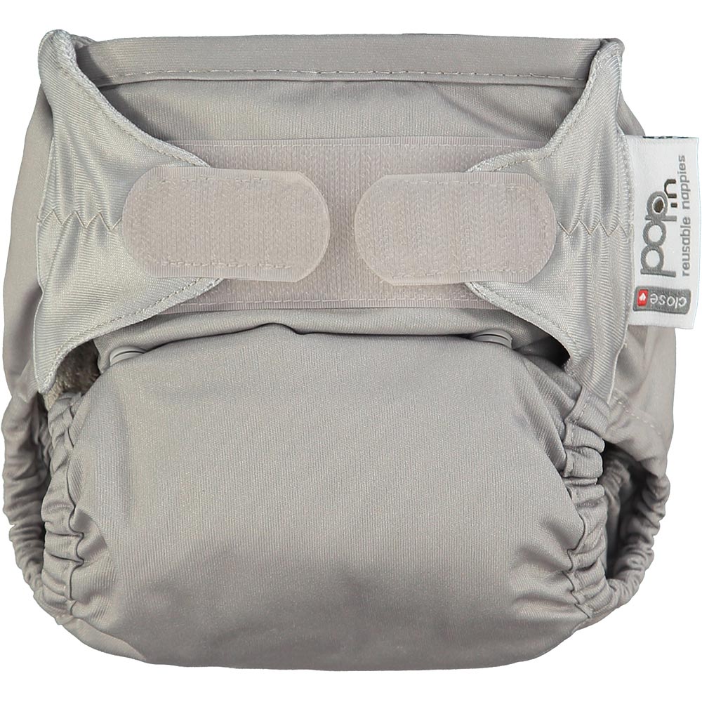 The Close Pop-In reusable cloth nappy with adjustable velcro, in cloud grey.