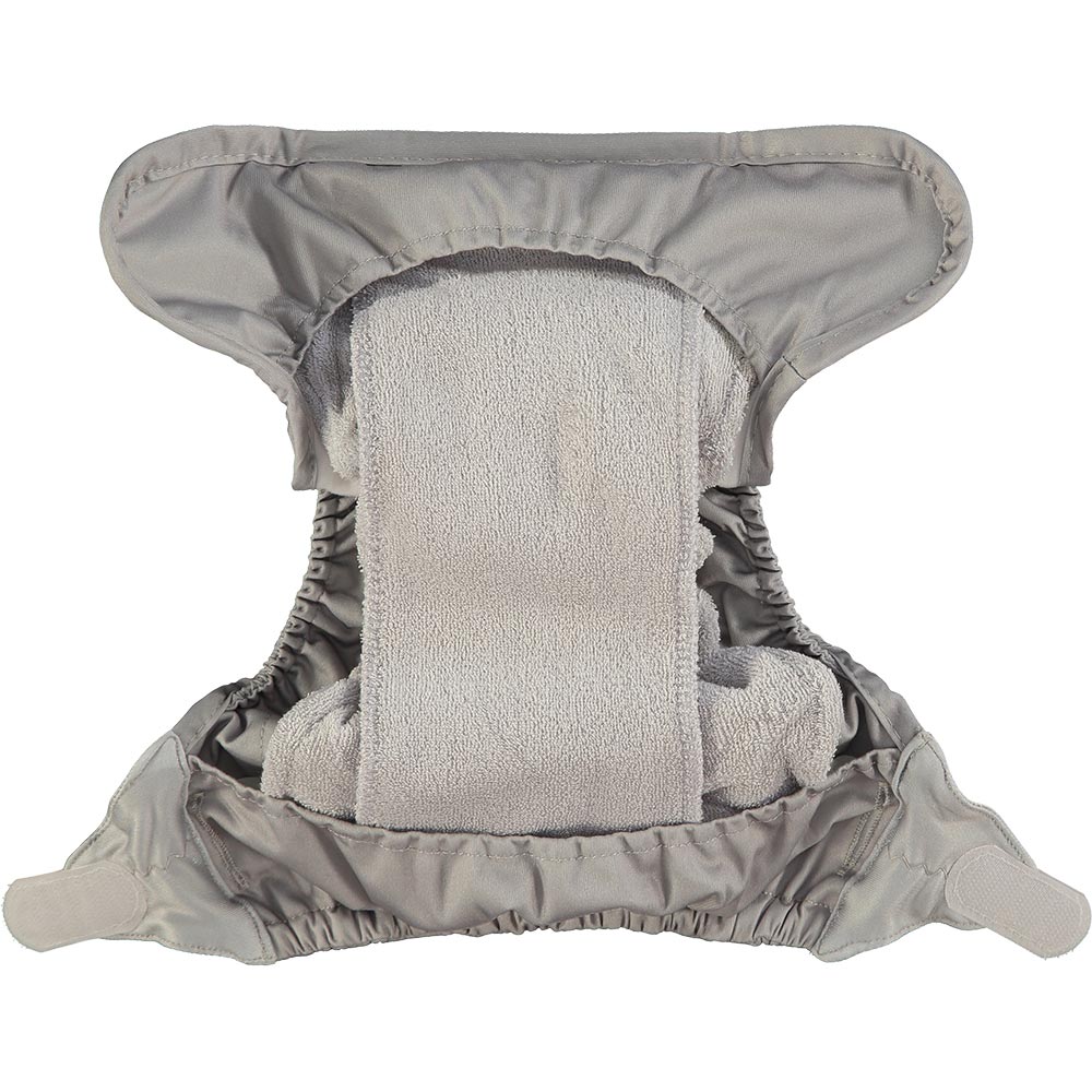 The inside of an opened Close Pop-In reusable cloth nappy with adjustable velcro, in Cloud grey.
