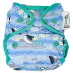 The Close Pop-In +bamboo reusable cloth nappy with adjustable popper closures, in a puffin print