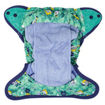 The Close Pop-In +bamboo reusable cloth nappy with adjustable popper closures, opened to show the bamboo lining
